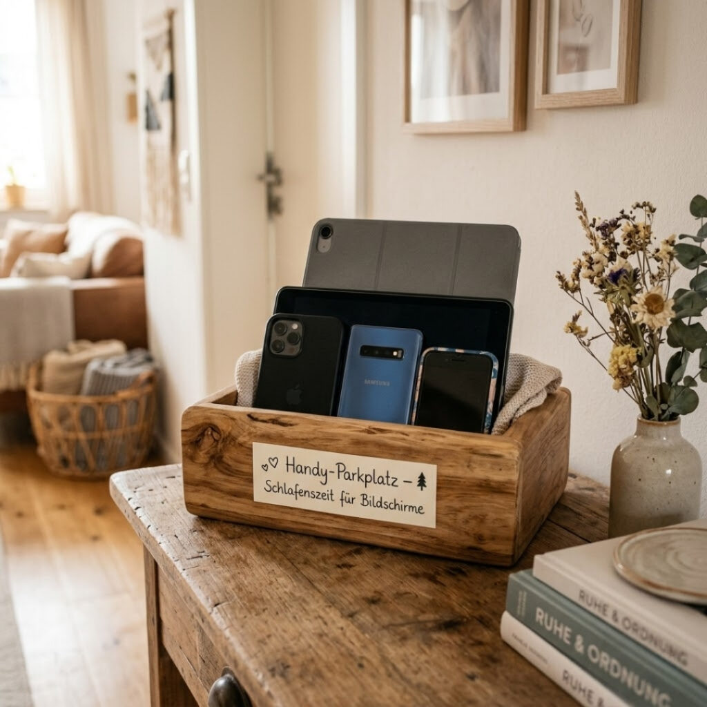 So einfach geht medienfreie Zeit! Richte einen "Handy-Parkplatz" ein, wo alle Geräte zu bestimmten Zeiten schlafen gehen. Ein einfacher Tipp für weniger Handy-Streit.
