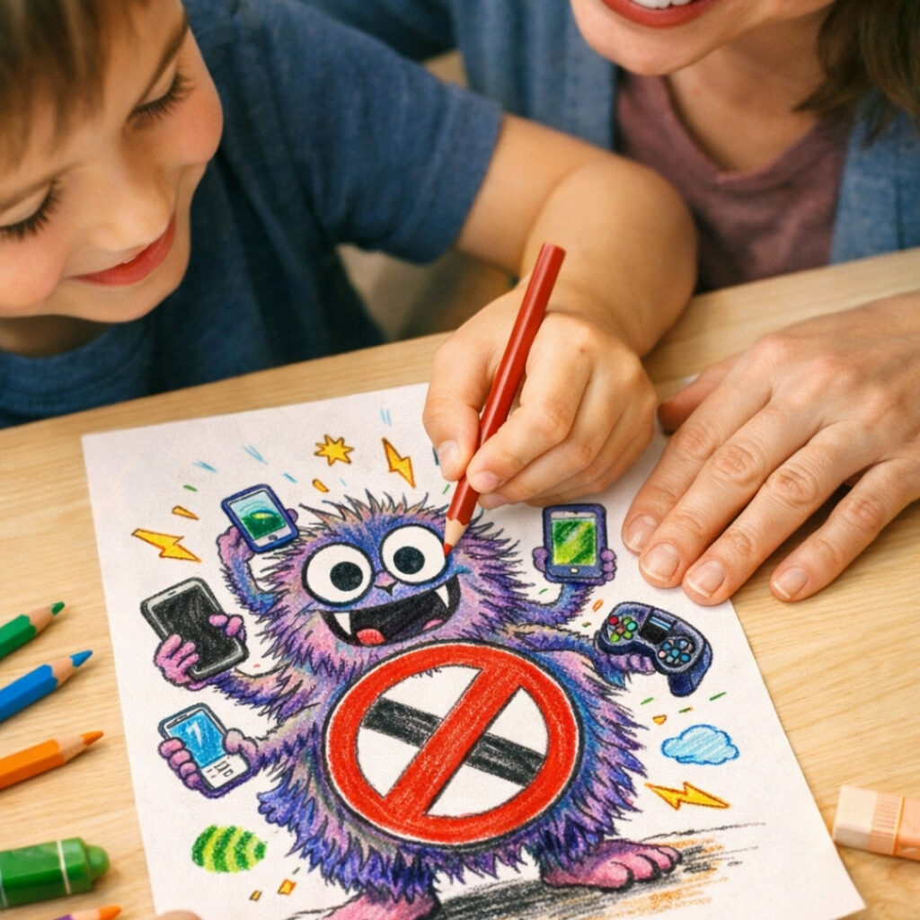 Wie du mit der Externalisierungs-Methode den Handy-Streit zu Hause löst. Zeichne mit deinem Kind das "Digitale Klebemonster", um gemeinsam gegen den Reizüberfluter zu kämpfen!